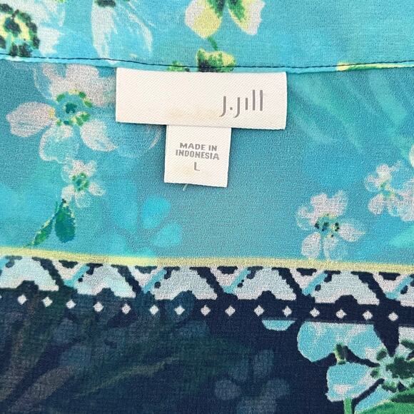J. Jill Blue Green Floral Tunic Top Sheer V-Neck Blouse Size L Chiffon 3Q Sleeve - Picture 4 of 6